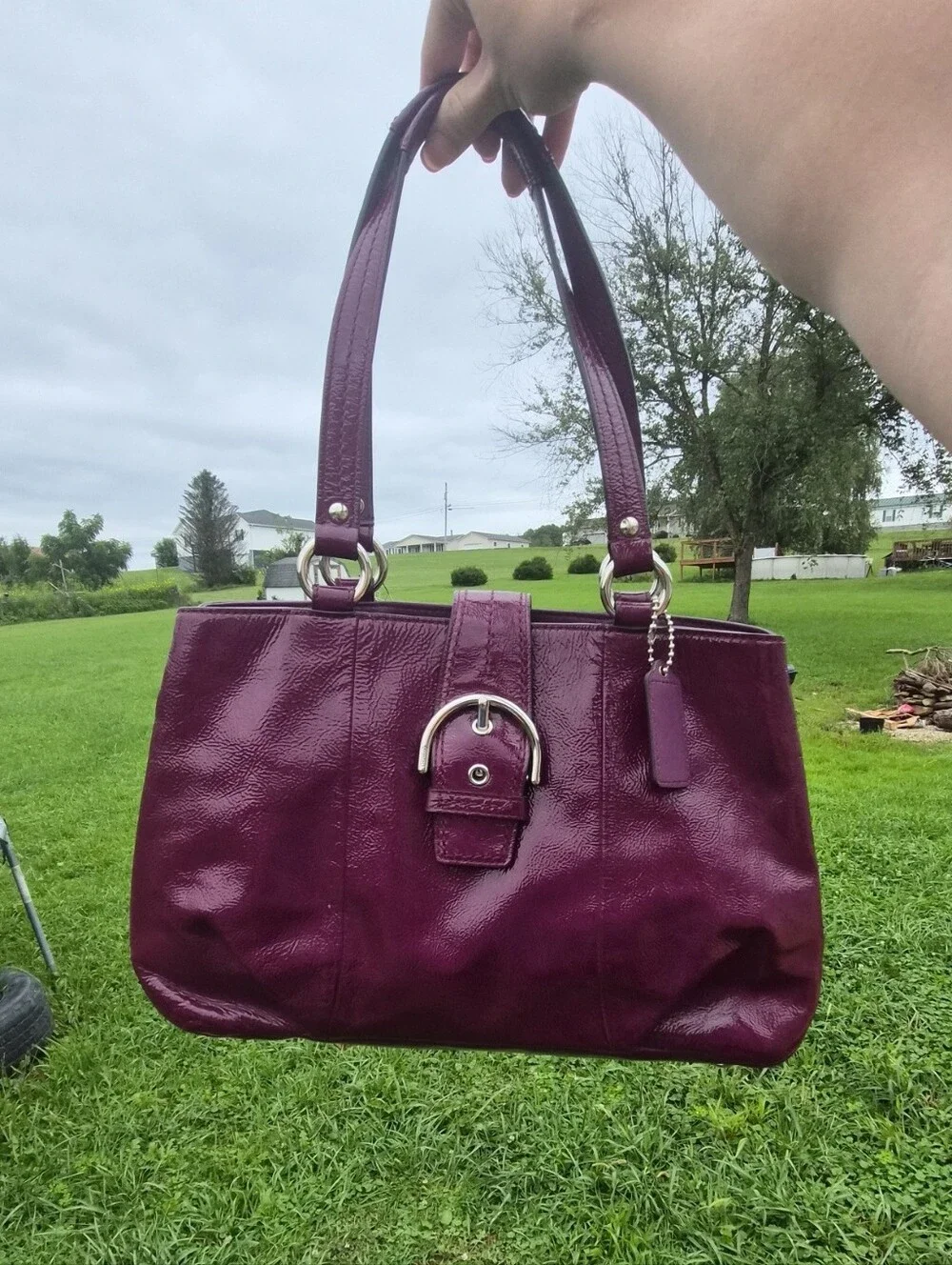 Coach Soho Plum Crinkle Patent Leather Large Buckle Tote Shoulder Bag